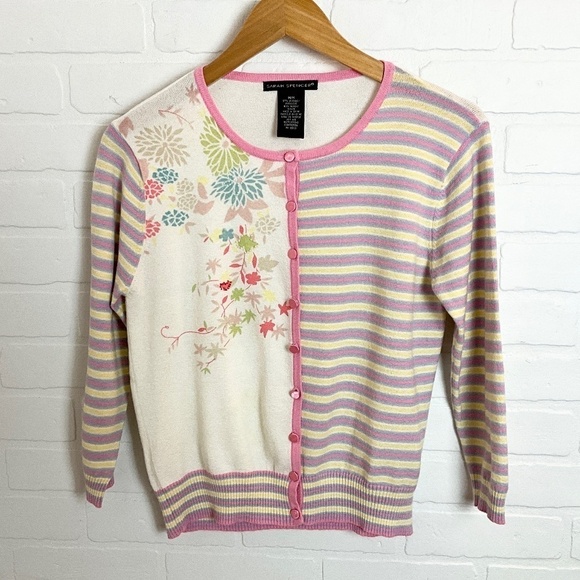 Vintage Knit Sweater Cardigan Dainty Floral Pearls Satin Pastel Stripes M - Picture 1 of 10